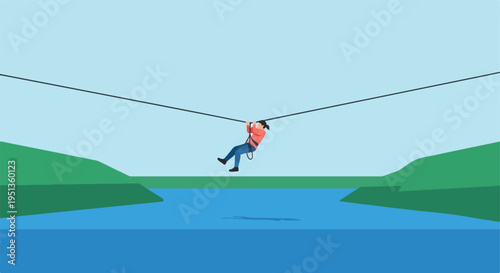Person ziplining over a blue body of water with green hills
