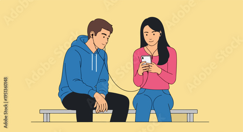 Two people sit together sharing earbuds and a phone on a bench