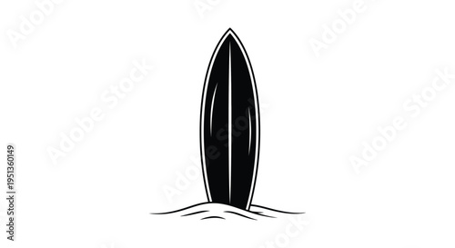 A black surfboard stands on sand a striking coastal silhouette