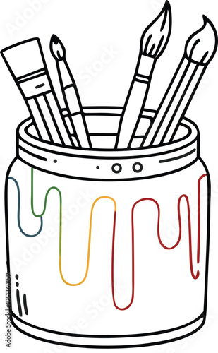 Paintbrushes in a jar illustration featuring colorful dripping paint details on a glass container for creative art projects and school education vector design.