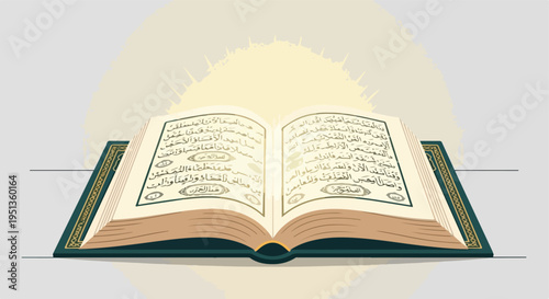 An open book with ornate cover displays religious text and illumination emanating from above