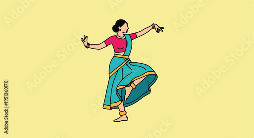 A cartoon woman in traditional Indian clothing performs a dance
