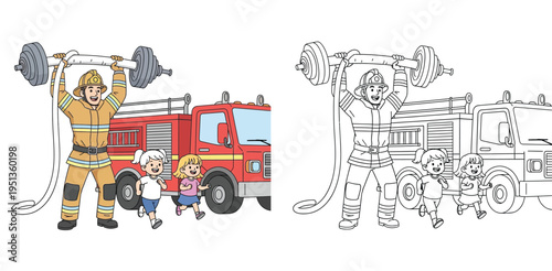 Strong Firefighter Lifting Weights with Happy Children in Front of a Fire Truck - Cartoon Illustration