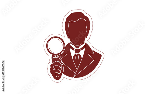 Sophisticated 1970s European TV Inspector Silhouette, Classic Mystery Show Vector Sticker, Cravat and Magnifying Glass Illustration