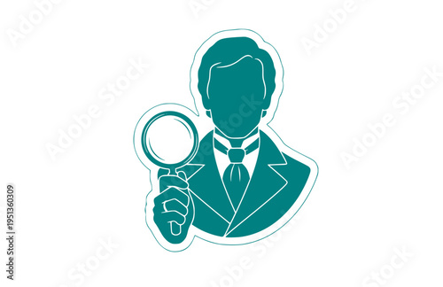 Sophisticated 1970s European TV Inspector Silhouette, Classic Mystery Show Vector Sticker, Cravat and Magnifying Glass Illustration