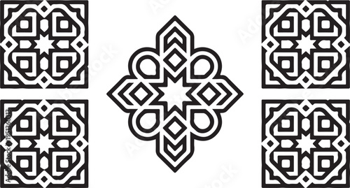 set of four square and one flower shaped arabesque designs with intricate patterns and geometric shapes