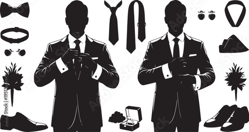 Silhouette of businessman getting ready with accessories and attire
