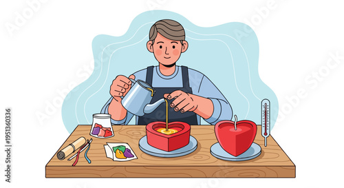 A person pours liquid into a heart-shaped mold for making a candle