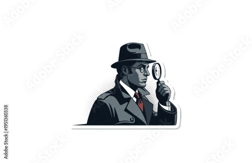 Sophisticated 1970s European TV Inspector Silhouette, Classic Mystery Show Vector Sticker, Cravat and Magnifying Glass Illustration
