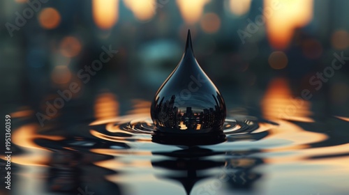 Dark reflective droplet floats above circular ripples on a water surface against a blurred urban sunset. Concept of urban sustainability, environmental care, and finite energy resources.