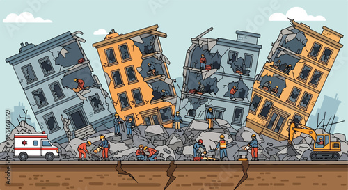 Rescue workers and machinery clear rubble from damaged buildings after a disaster