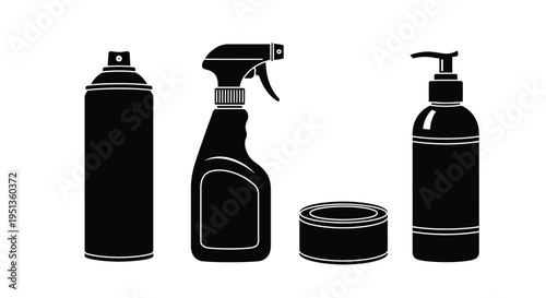 Cleaning supplies arranged in a flat lay composition black silhouette
