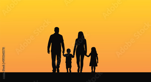 Family Silhouette at Sunset: A silhouette of a family, hand in hand, walks together against the backdrop of a radiant sunset, evoking warmth and togetherness. 