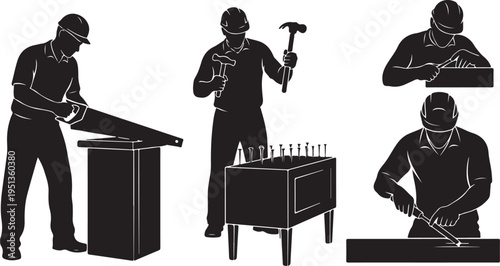 Workers in various construction and carpentry tasks and activities