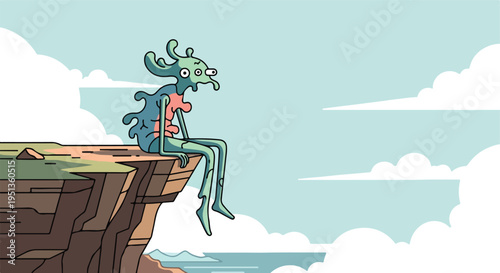 A quirky, alien-like creature sits pensively on a cliff edge under a cloudy sky
