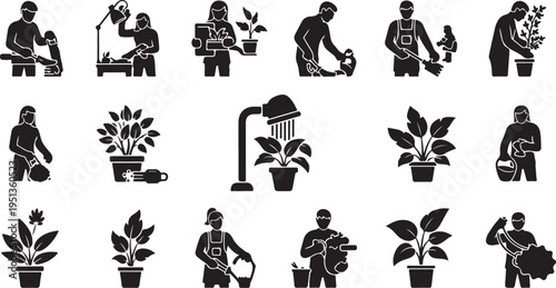 Gardening icons with people and plants in various actions