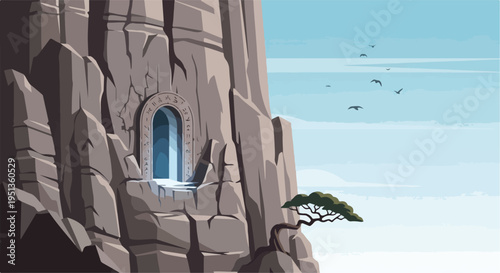 Ancient portal carved into a sheer cliff face, bathed in ethereal light