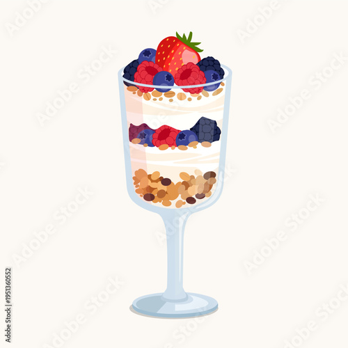 Healthy yogurt parfait with granola and mixed fresh berries in a tall glass.