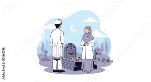 Muslim man and woman visit graves in a serene cemetery setting
