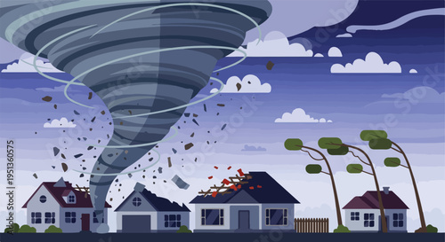 A powerful tornado wreaks havoc on a residential neighborhood, destroying homes and trees