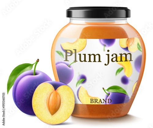 Glass jar with plum jam isolated on white background. Jar of marmalade from juicy blue plums. fresh fruits with leaves. Organic food. Label mockup for jam. Realistic 3d vector illustration