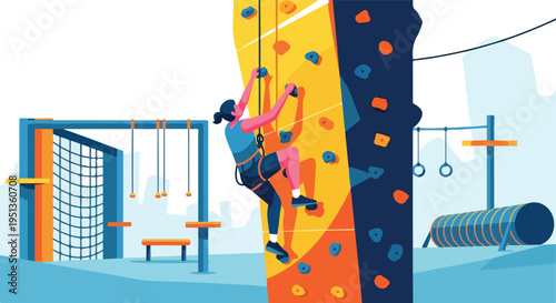 Woman indoor rock climbing, training with obstacles on a bright, abstract background