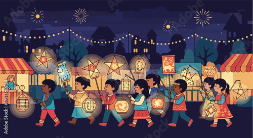 Children parade through festive town at night with glowing lanterns and fireworks