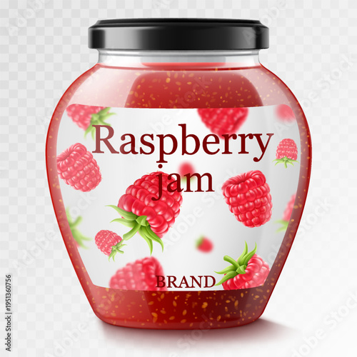 Raspberry jam in a glass jar and fresh berries isolated on white background. Realistic 3d Vector illustration of sweet homemade preserve. Preserved raspberry Compote or Jam, confiture or marmalade .