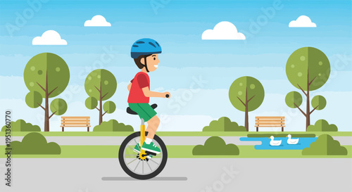 Flat illustration of a boy in helmet riding a unicycle in a park