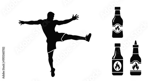 Man kicking with hot sauce bottles a striking black silhouette