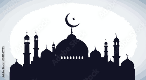 Silhouette of a large Islamic mosque with minarets against a soft, gradient sky