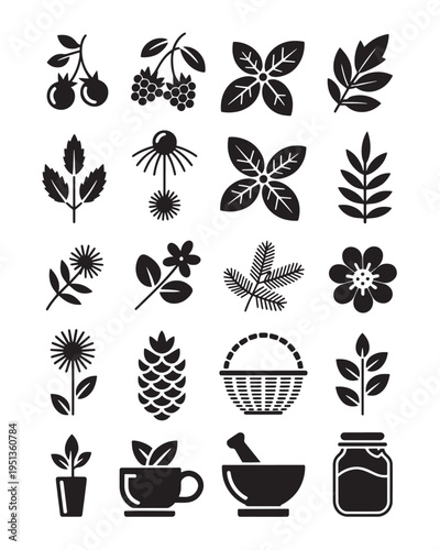 Set of black silhouette icons for herbs, plants, and kitchen tools like mortar and pestle.