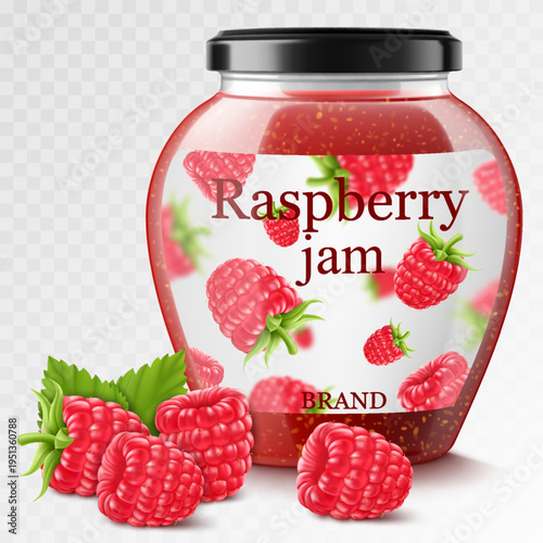 Raspberry jam in a glass jar and fresh berries isolated on white background. Realistic 3d Vector illustration of sweet homemade preserve. Preserved raspberry Compote or Jam, confiture or marmalade .