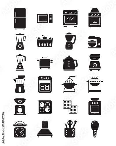 Diverse collection of black silhouette icons for kitchen appliances and cooking equipment.