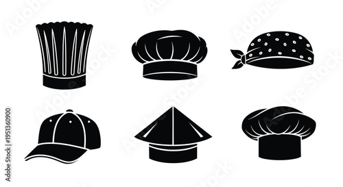 Various headwear designs displayed as a striking black silhouette