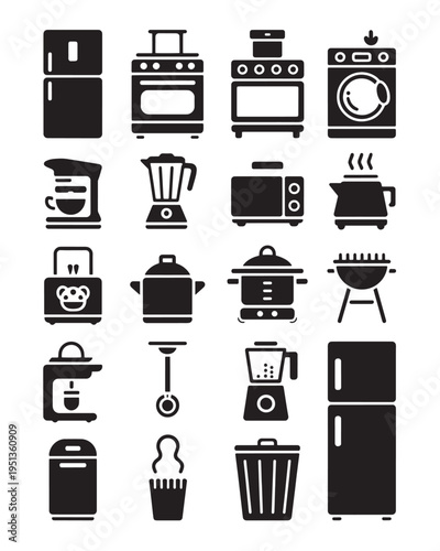 Compilation of black silhouette icons for kitchen appliances, including refrigerators and blenders.