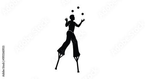 A juggler balancing on stilts performing a dynamic act silhouette