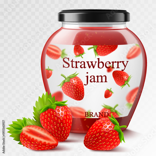 Strawberry jam in a glass jar and fresh berries isolated on white background. Realistic 3d Vector illustration of sweet homemade preserve. Preserved strawberry Compote or Jam, confiture or marmalade .