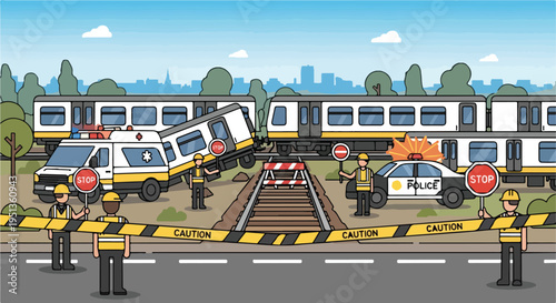 Train crash scene with emergency services and caution tape
