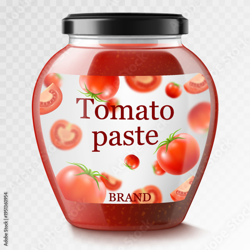 Tomato sauce canned in glass jar with screw metal lid, Vegetables home preservation. Ketchup, taco or tomato juice conservation isolated, 3d realistic vector illustration set