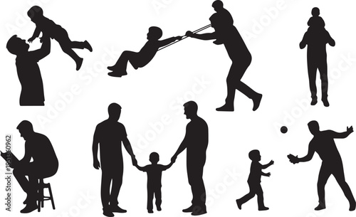 Silhouettes of adults and children playing together happily outdoors