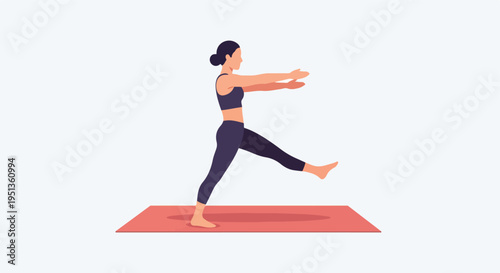 A person performs a yoga pose on a mat, extending one leg