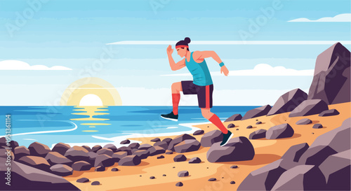 A person runs along a rocky beach at sunrise
