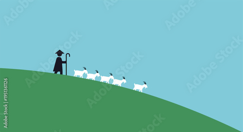 A lone shepherd guides a flock of white goats across a green hill