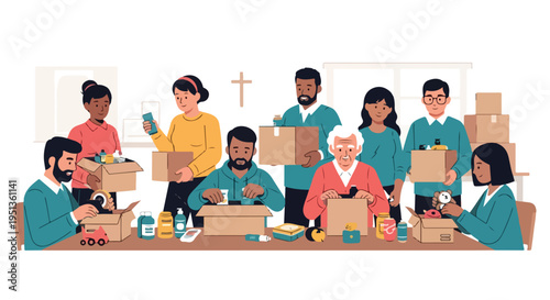 Diverse group of people of various ages and ethnicities packing donation boxes