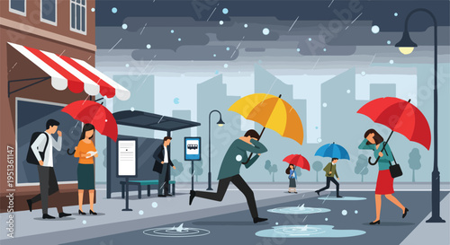 People with umbrellas at a bus stop on a rainy day in a city