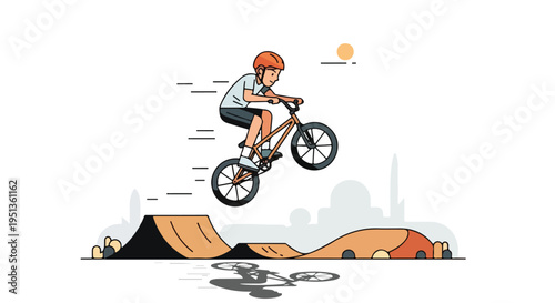 Young person on bicycle mid-air jump over dirt ramp