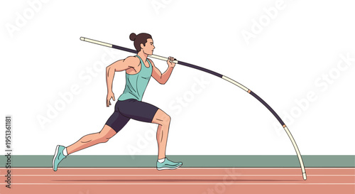 Athletic man in teal tank top and dark shorts runs with pole