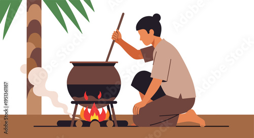 Person cooks over a fire with a stirring stick