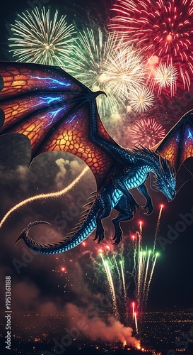 Majestic Dragon Soaring Through Fireworks Display in the Night Sky.